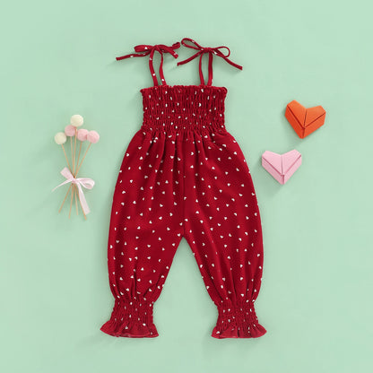 Lioraitiin Toddler Girl Sling Jumpsuit – Heart & Leopard Print Pleated Tie-Up Overalls Romper for Ages 0-4 Years