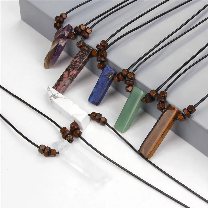Men's Vintage Rectangle Obsidian Pendant Necklace – Natural Tiger Eye & Labradorite Gem, Leather Rope Braid Healing Jewelry
