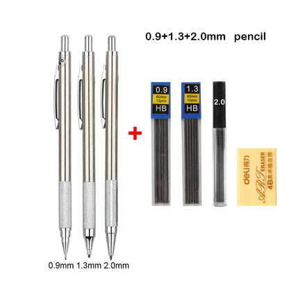 Full Metal Mechanical Pencil Set - 0.3–2.0mm Automatic Drawing Pencils with Leads for Art, School, and Office Use