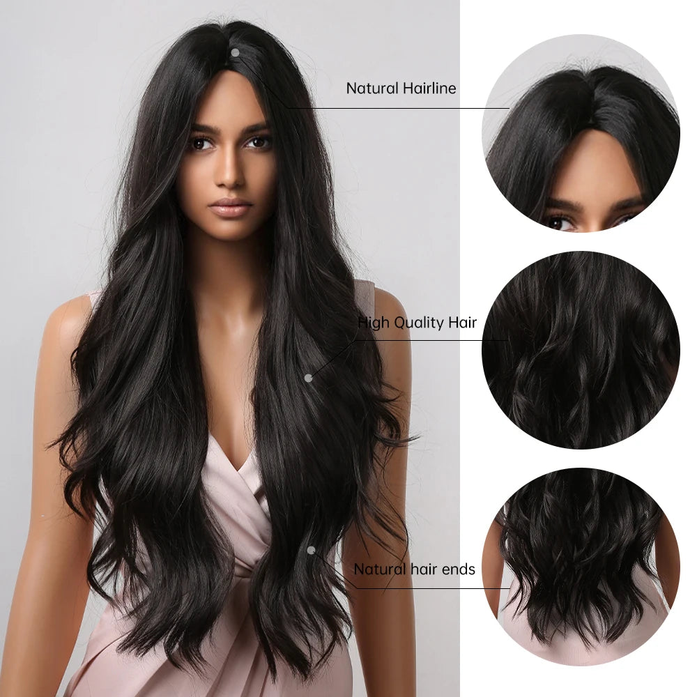 ALAN EATON Black Long Wavy Synthetic Wig – Natural Afro Hair, Middle Part, Heat-Resistant Fiber for Daily Use