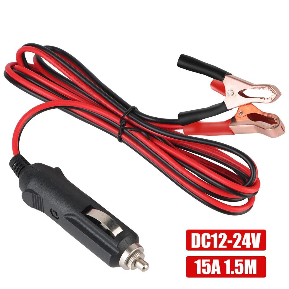 12V/24V Car Cigarette Lighter Socket Extension Cable – Crocodile Clip Power Cord with 15A Fuse & Male Plug Adapter Extender