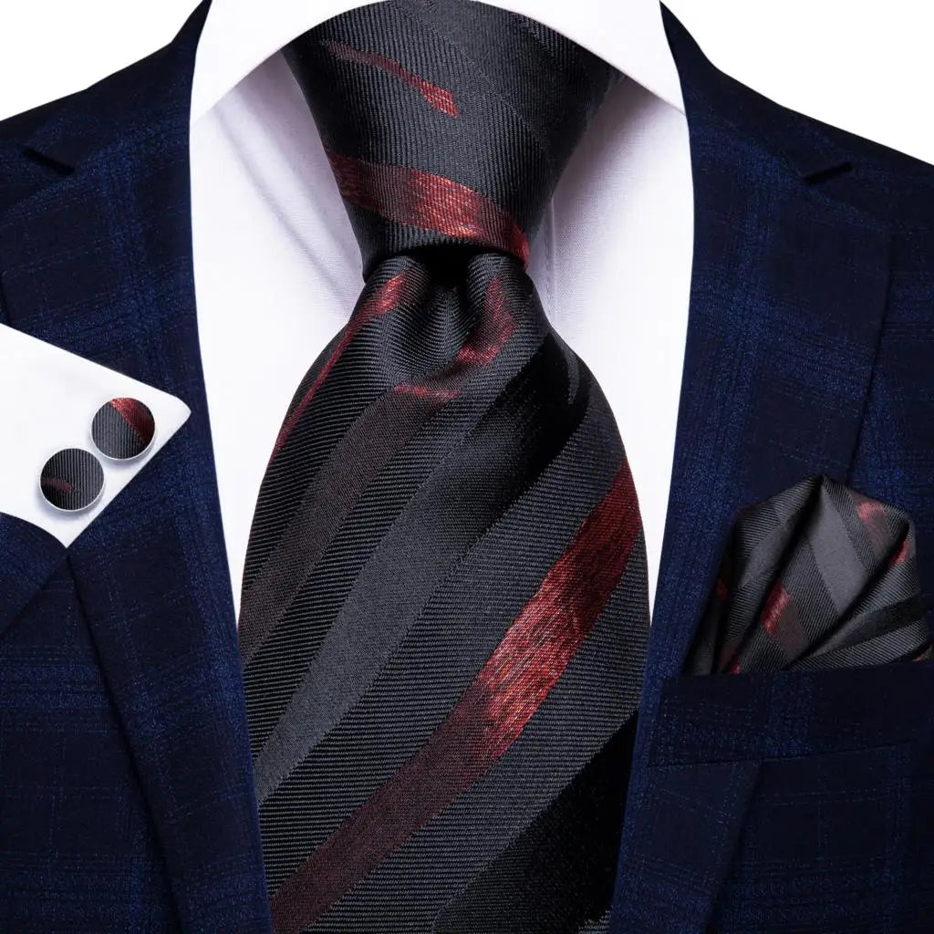 Hi-Tie Red Burgundy Plaid Silk Tie Set — Designer Men’s Necktie with Handkerchief & Cufflinks for Wedding or Business