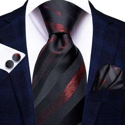 Hi-Tie Red Burgundy Plaid Silk Tie Set — Designer Men’s Necktie with Handkerchief & Cufflinks for Wedding or Business