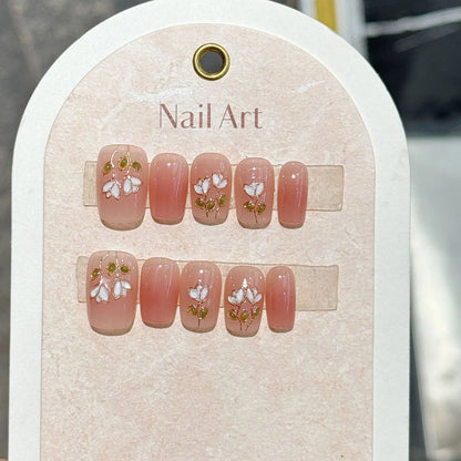 10 Pcs Handmade Short Square Press-On Nails – Full Cover Flower & Cat Eye Ballet False Nails Manicure Tips