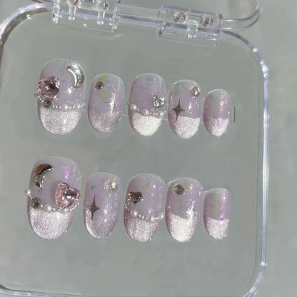 10 Pcs Short Handmade Pink Press-On Nails – Spring French Rhinestone Plaid Full Cover Fake Nail Tips