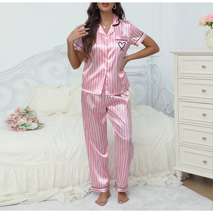 Women’s Satin Striped Pajama Set – Victorian Style Top & Pants Autumn Sleepwear Loungewear