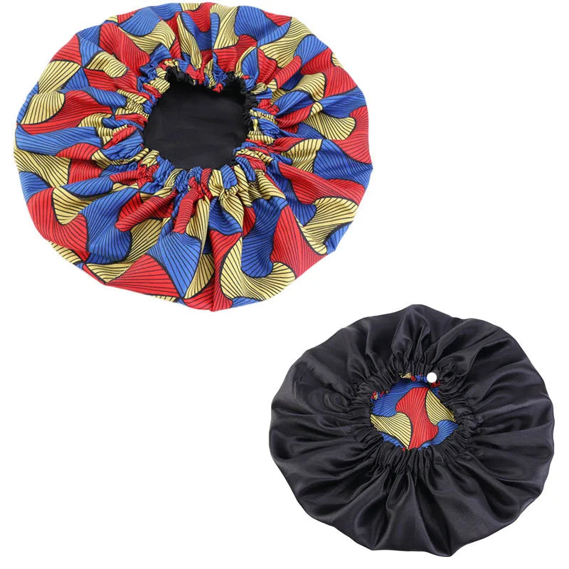 Women’s Double-Layer Satin Bonnet - African Ankara Floral Print Adjustable Reusable Sleep Cap for Hair Care