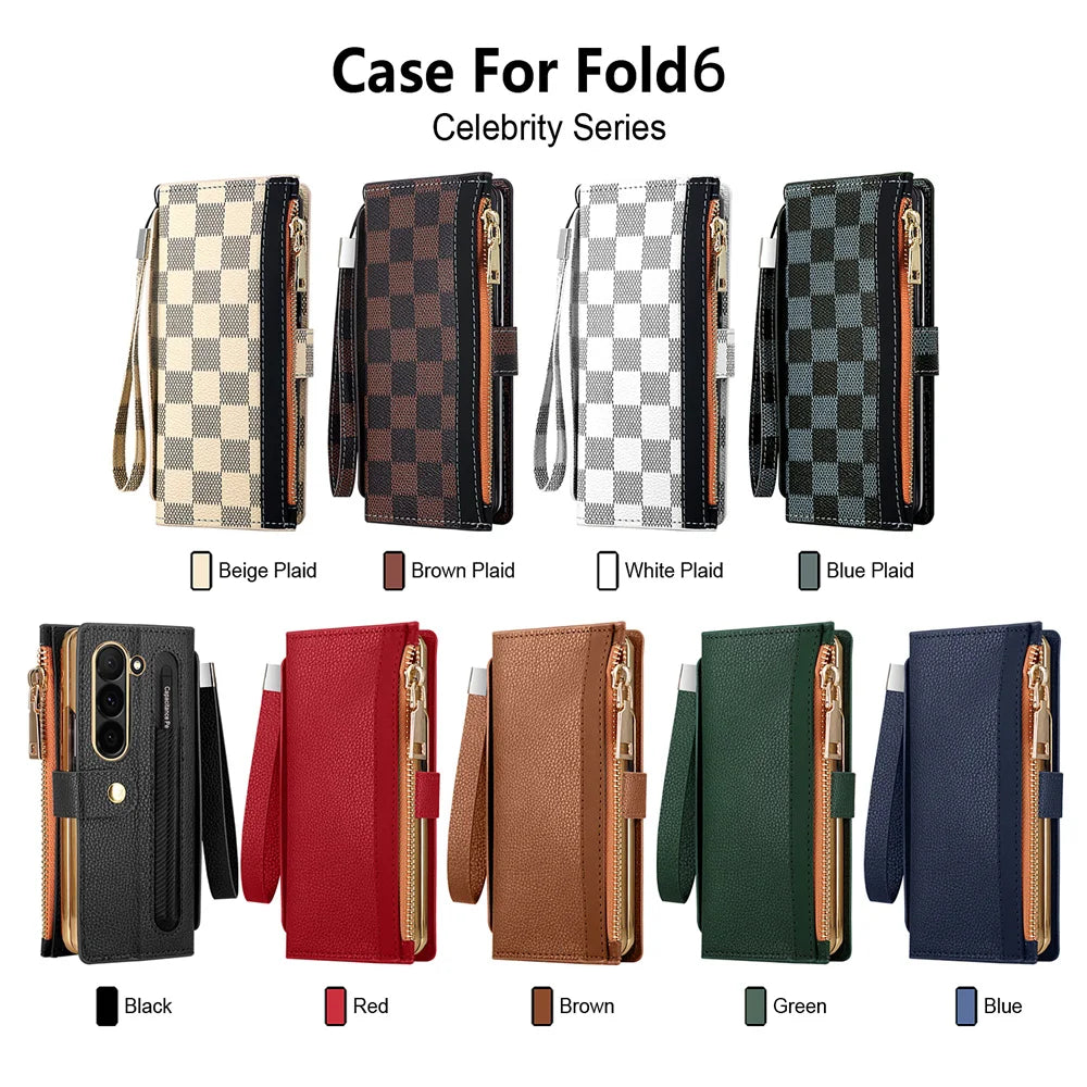Leather Card Wallet Case with S Pen Slot for Samsung Galaxy Z Fold 6/5/4/3/2 — Multifunctional Zipper Protection Cover