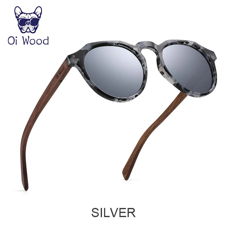 Oi Wood Round Sunglasses — Walnut Wood Frames with Red Lens & Tortoise Shell Design for Men & Women