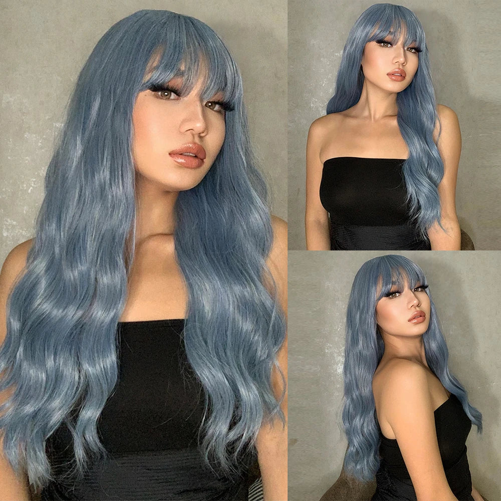 Light Green Long Wavy Synthetic Wig with Bangs – Blackish Green Cosplay & Lolita Style, Heat-Resistant for Women