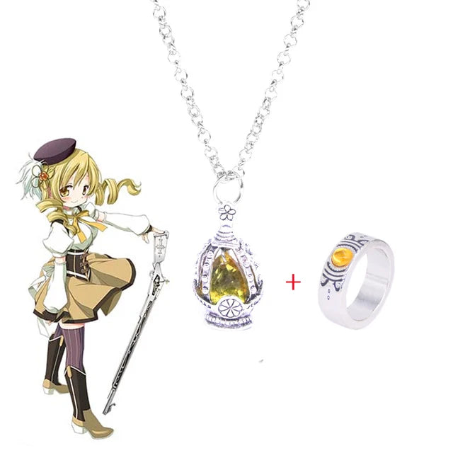 Puella Magi Madoka Magica Soul Gem Jewelry Set - Anime Cosplay Pendant Necklace and Ring Accessories for Kaname Madoka and Miki Sayaka Fans