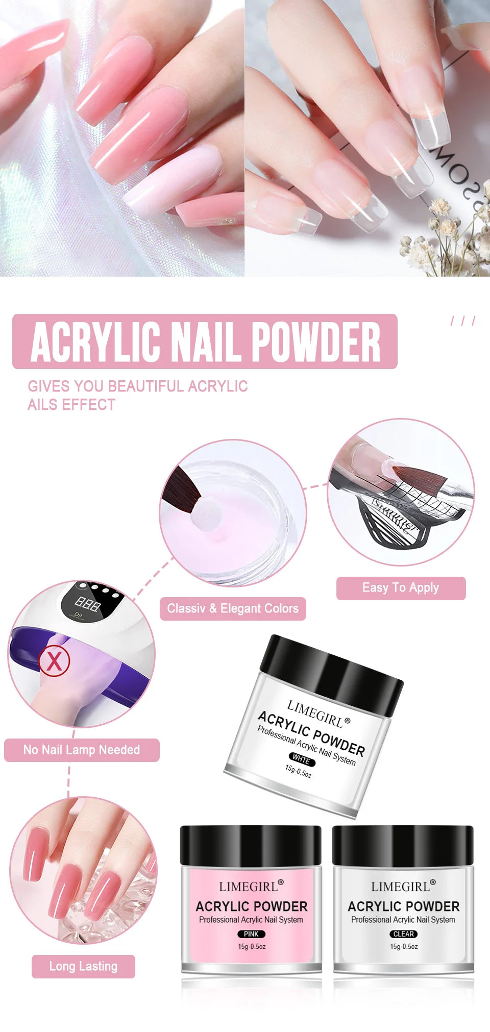 40ml Crystal Liquid & 45ml Acrylic Powder Set – Pink, White, Transparent Acrylic Powder Kit for Beginners Nail Art