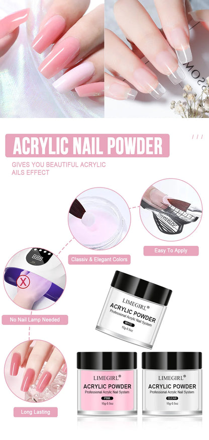 40ml Crystal Liquid & 45ml Acrylic Powder Set – Pink, White, Transparent Acrylic Powder Kit for Beginners Nail Art