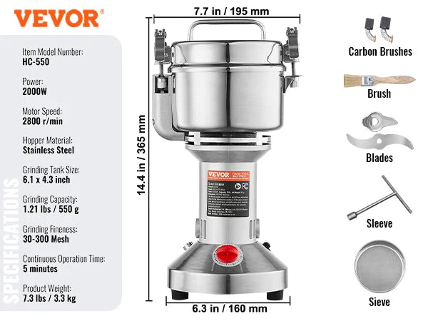 SucceBuy 150-2500g Electric Grain Mill Grinder – Commercial Spice & Herb Grinder for Coffee, Corn & Cereals