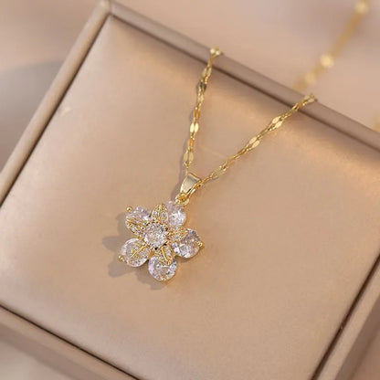 Light Luxury Gold Zircon Flower Pendant Necklace for Women – Elegant Spin Design High-End Party Jewelry Gift Chain Necklace