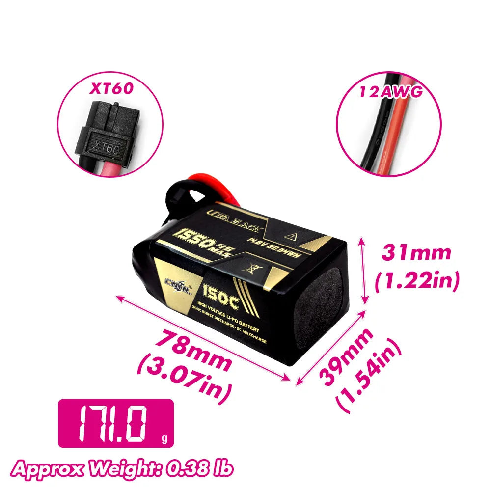 2PCS CNHL 4S 14.8V LiPo Battery – 1100mAh/1300mAh/1500mAh 130C with XT60 Plug for FPV Drone, Quadcopter, Airplane & Helicopter Hobby
