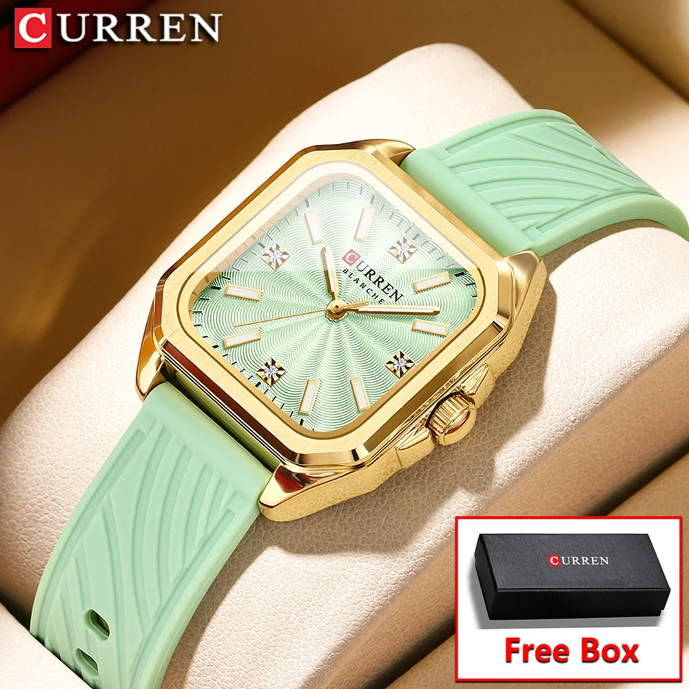 CURREN Square Women’s Quartz Watch - Casual Silicone Strap Fashion Wristwatch with Gift Box