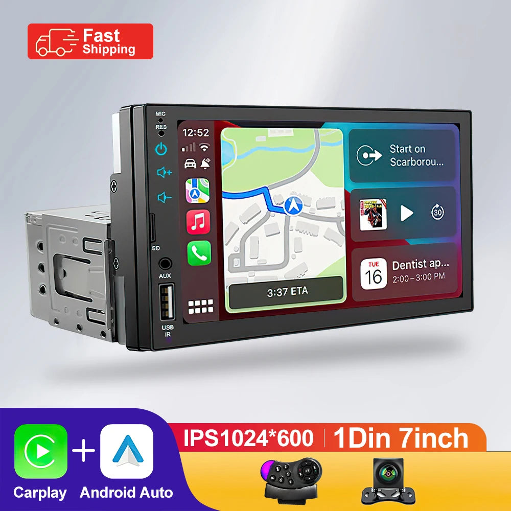 7-Inch HD Touchscreen Car Stereo - 1DIN Multimedia Player with CarPlay, Android Auto & FM Radio