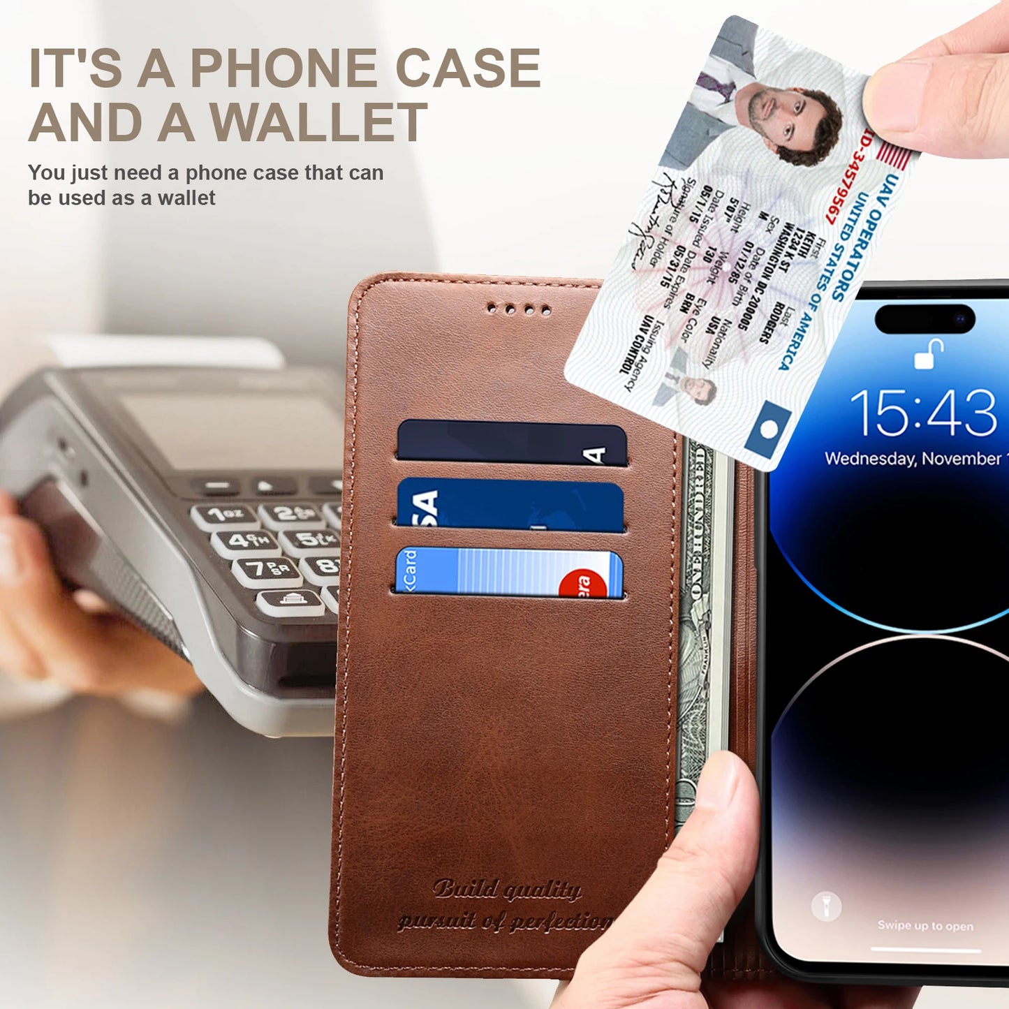 SUTENI Leather Wallet Phone Case — Flip Cover with Card Holder & Stand for iPhone 7/8/11/12/13/14/15/16 Pro Max/XR/XS