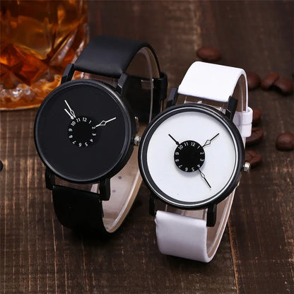 Popular Reverse Pointer Couple Watch – Simple Black & White Quartz Wristwatch for Women & Men