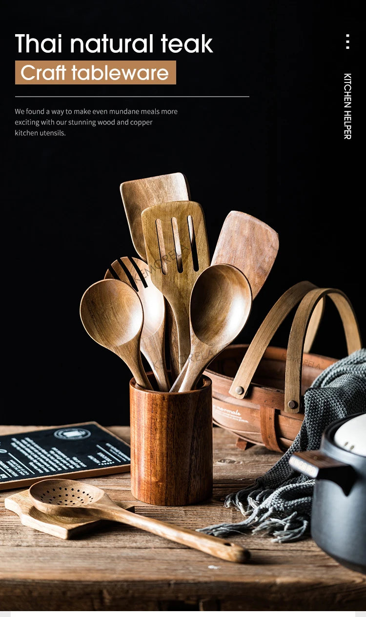 9PCS Teak Wooden Cooking Spoons Set – Kitchen Utensils with Holder