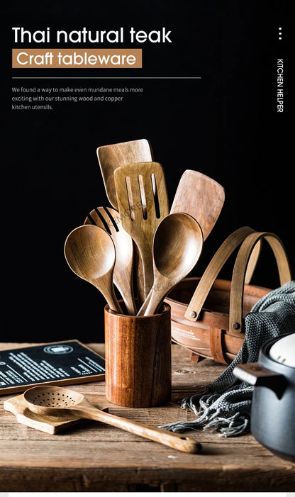 9PCS Teak Wooden Cooking Spoons Set – Kitchen Utensils with Holder
