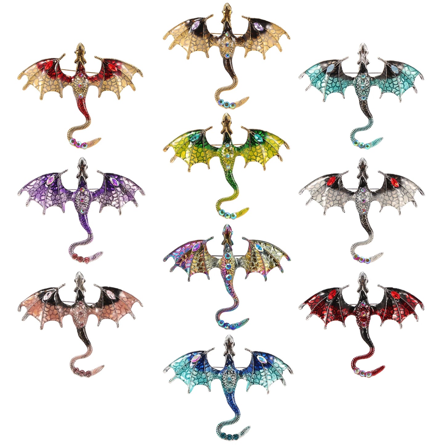10-Piece Flying Dragon Enamel Brooch Set - Vintage Alloy Dragon Pins for Jewelry & Necklaces