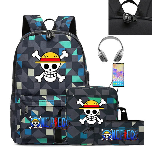 3PC One Piece Luffy School Backpack Set – Rechargeable Anime Bag for Boys & Girls, Student Cartoon Mochila