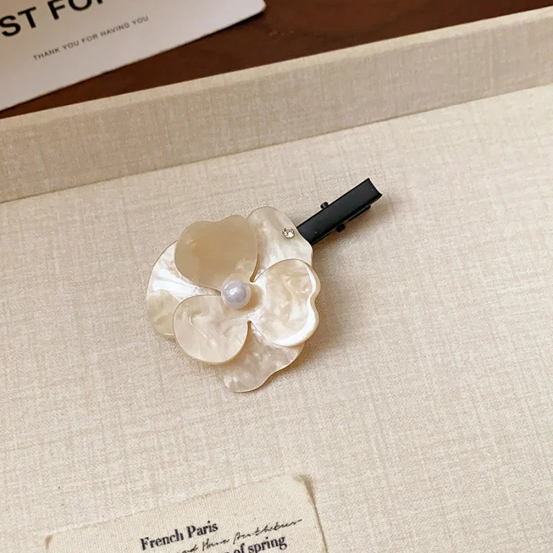 Pearl Camellia Letter Hair Clip - French Retro Flower Duckbill Side Fringe Accessory