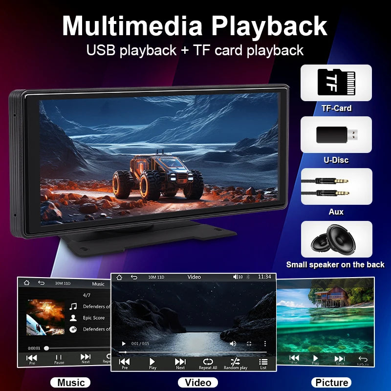 10.26" Car Mirror Radio Multimedia Player – Wireless CarPlay & Android Auto, Bluetooth, AUX, USB Screen