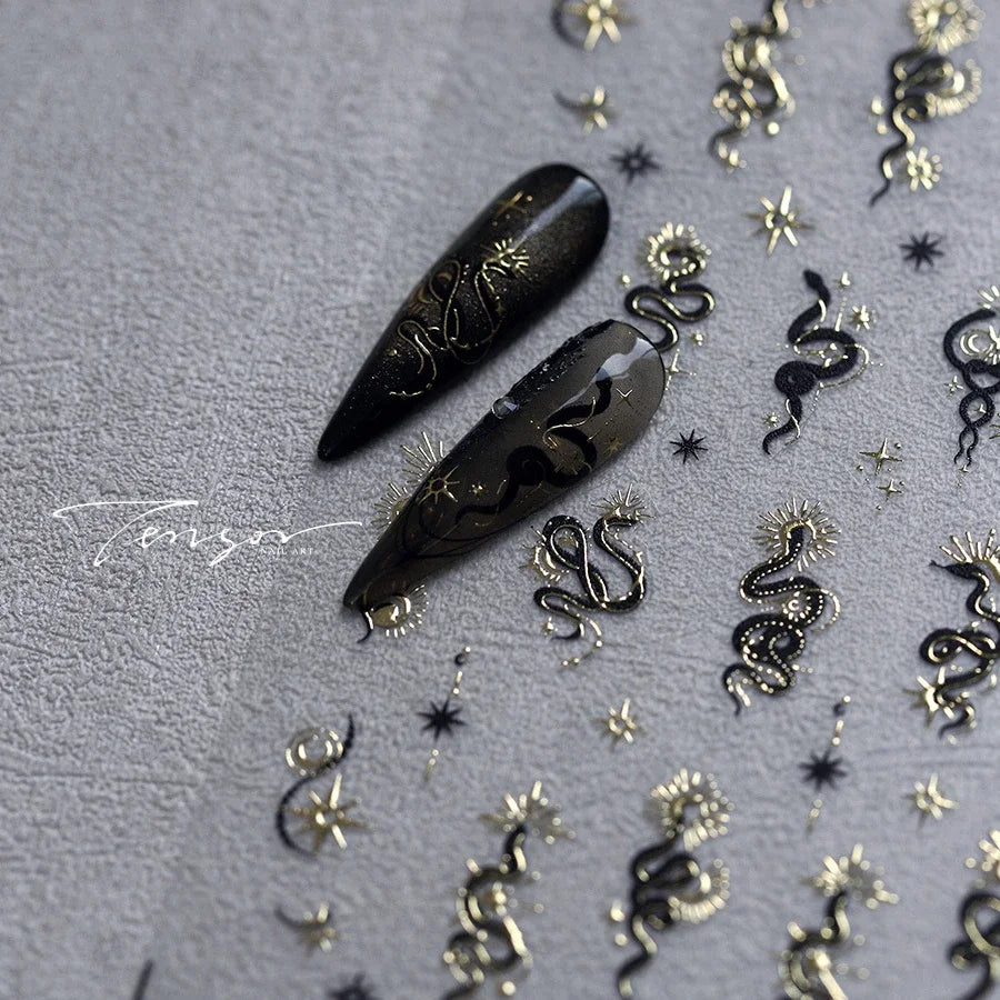 5D Gold Stamped Nail Art Stickers - Silver Sun Stars Snake Chinese Style Self-Adhesive Manicure Decals