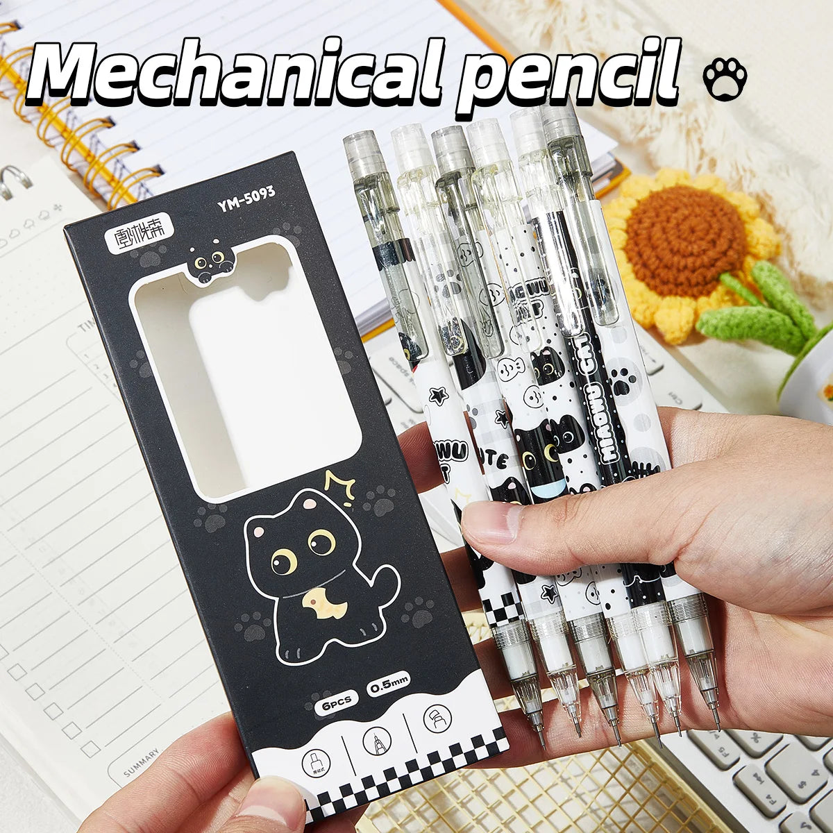 6-Piece Cute Cat Mechanical Pencil Set - 0.5mm Writing and Drawing Pencils for School, Office and Everyday Use