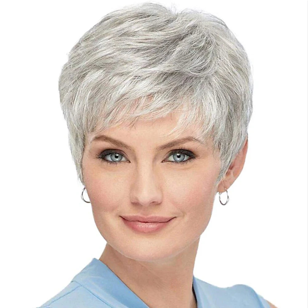 HAIRJOY Short Grey Wigs for Women – Mixed Gray & Silver Curly Wig with Bangs, Synthetic Short Hair Wig for Grandma