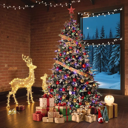 Pre-Lit Snow Flocked Christmas Tree with LED Lights & Pine Cones — 6ft/7.5ft/9ft Artificial Holiday Tree for Home Decor