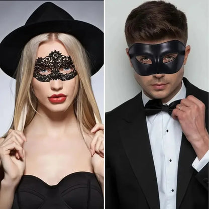 Black Lace Masquerade Mask Set - 2-Piece Elegant Venetian, Mardi Gras & Halloween Party Masks