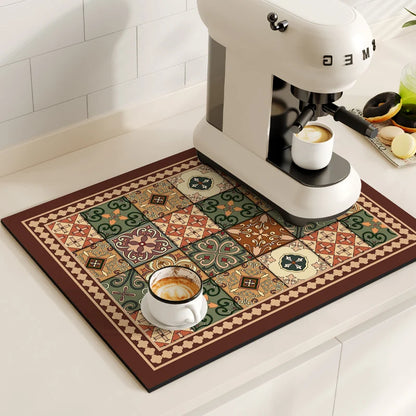 Retro Coffee Maker & Dish Drying Mat – Non-Slip, Quick-Dry Kitchen Placemat for Tableware, Washable