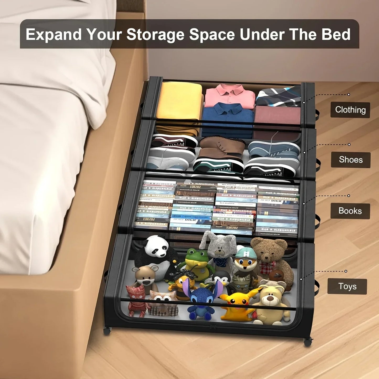 Underbed Storage Lockers with Wheels — Pull-Out Containers for Shoes & Clothes, Space-Saving for Dorms & Bedrooms