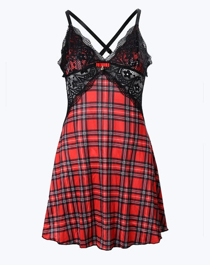 Plaid Lace Nightgown - Women's Crisscross Backless Sleeveless Summer Sleep Dress