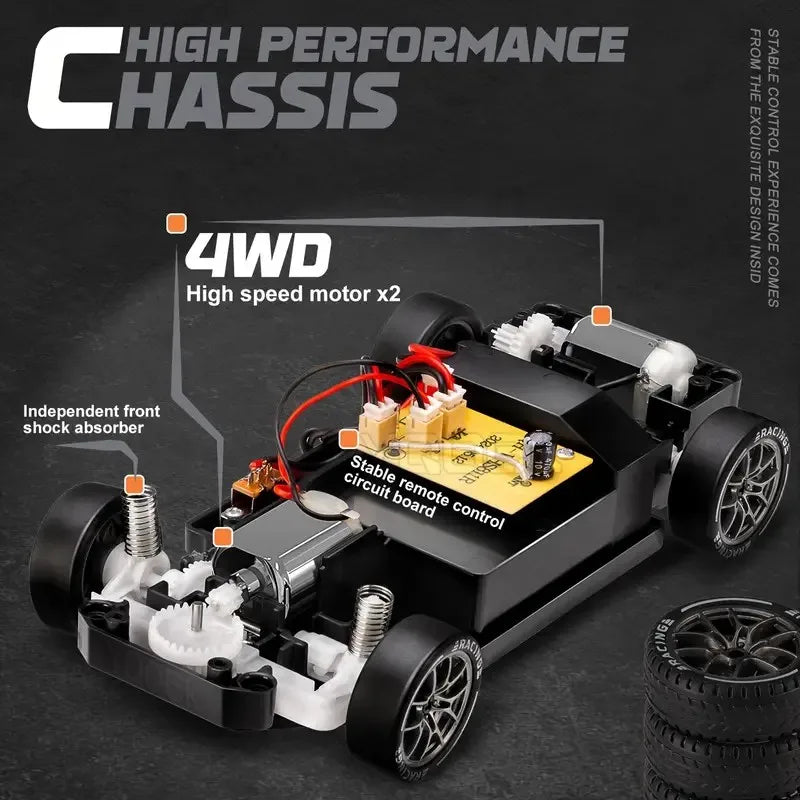 1:24 RC Drift Car - 20KM/H 4WD High Speed Remote Control Car with LED Lights & Extra Tires