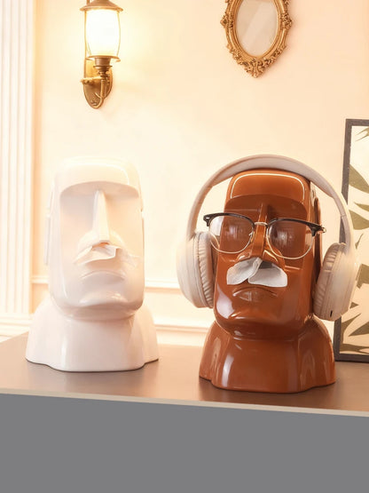 Miniso Moai Stone Statue Tissue Box & Glasses Holder – Multifunctional Home Decor Stand