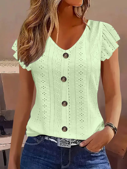 2025 Women’s Spring/Summer Fashion T-Shirt – Stylish Commute Casual V-Neck with Ruffle Sleeves, Solid & Multi-Color Options