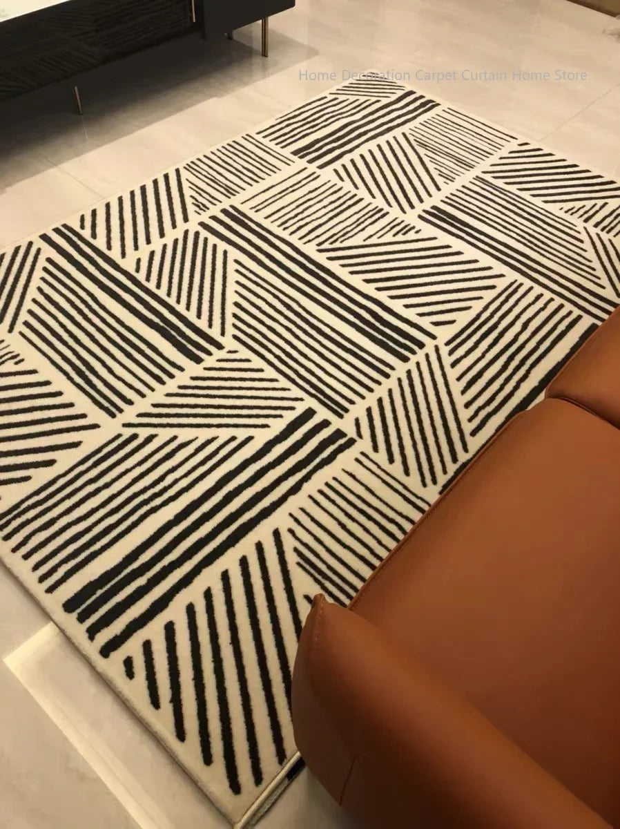 Black Stripe Plush Rug — Non-Slip Luxury Carpet for Living Room, Bedroom, Study, and Nordic Home Decor