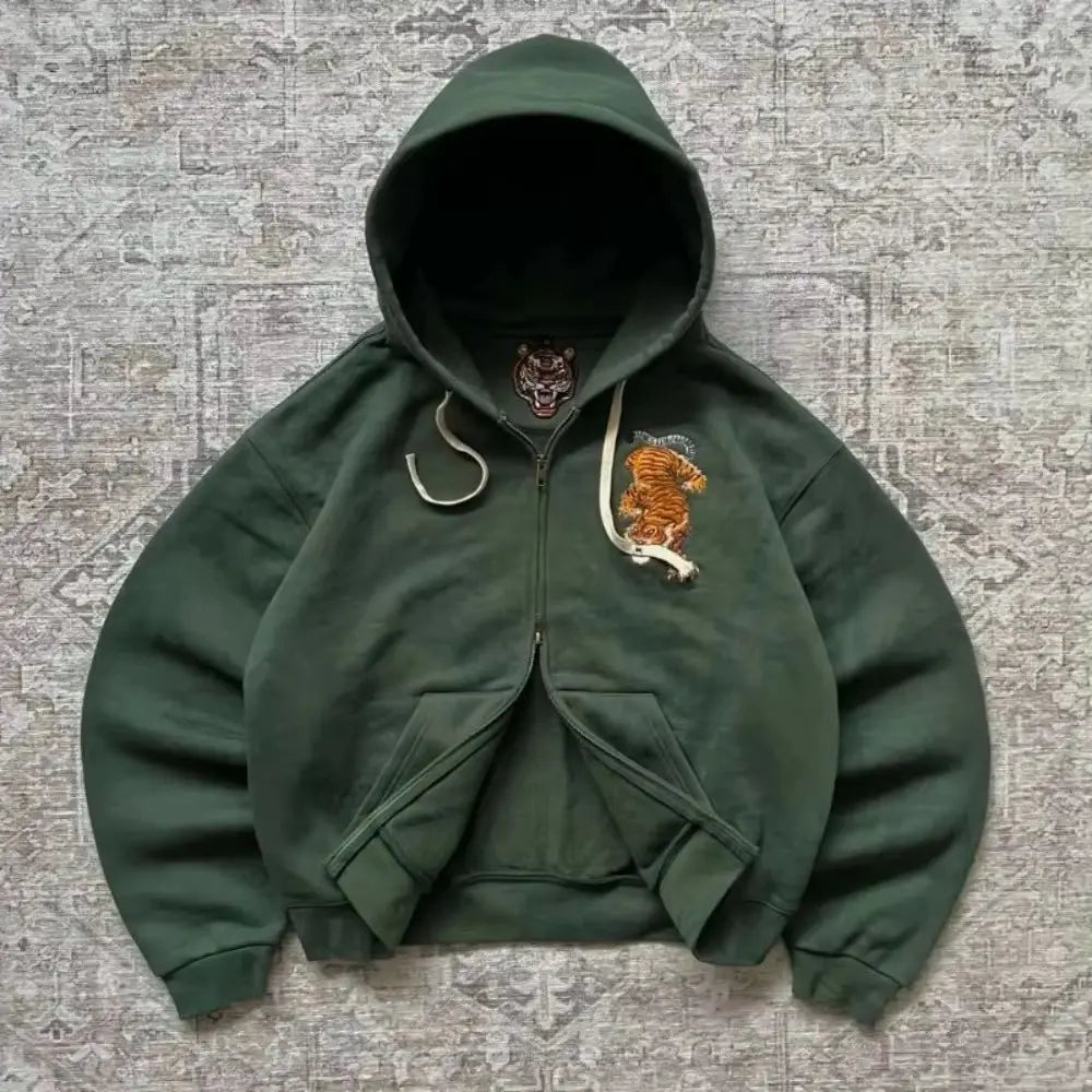 Y2K Tiger Embroidered Hoodie - Oversized Unisex Zip Up Sweatshirt with Kangaroo Pocket