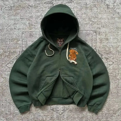 Y2K Tiger Embroidered Hoodie - Oversized Unisex Zip Up Sweatshirt with Kangaroo Pocket