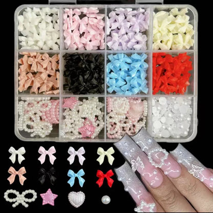 12 Grids Mixed Resin Bowknot Nail Art Decorations – 3D Acrylic Charms & Kawaii Colorful Rhinestone DIY Manicure Parts