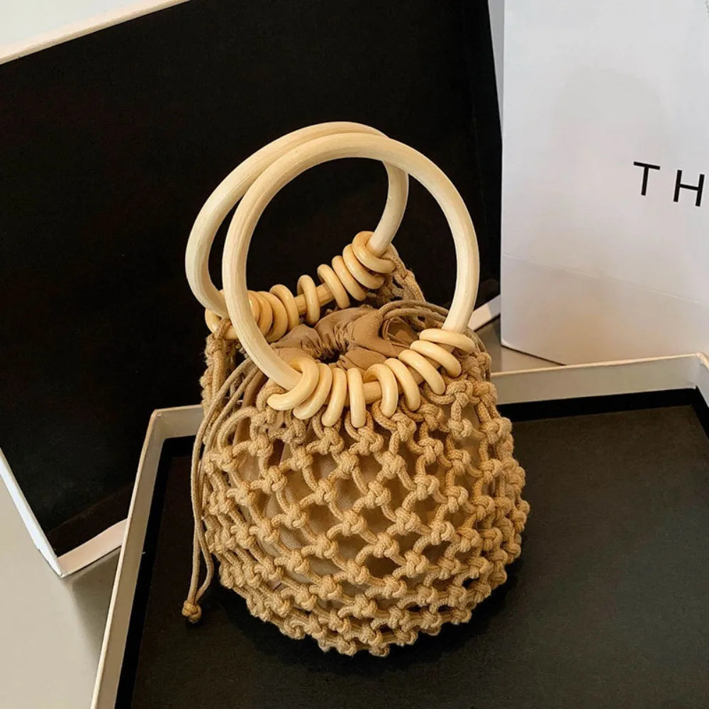 Handmade Woven Straw Handbag – Elegant Bucket Tote Wrist Pack for Women, Travel & Leisure