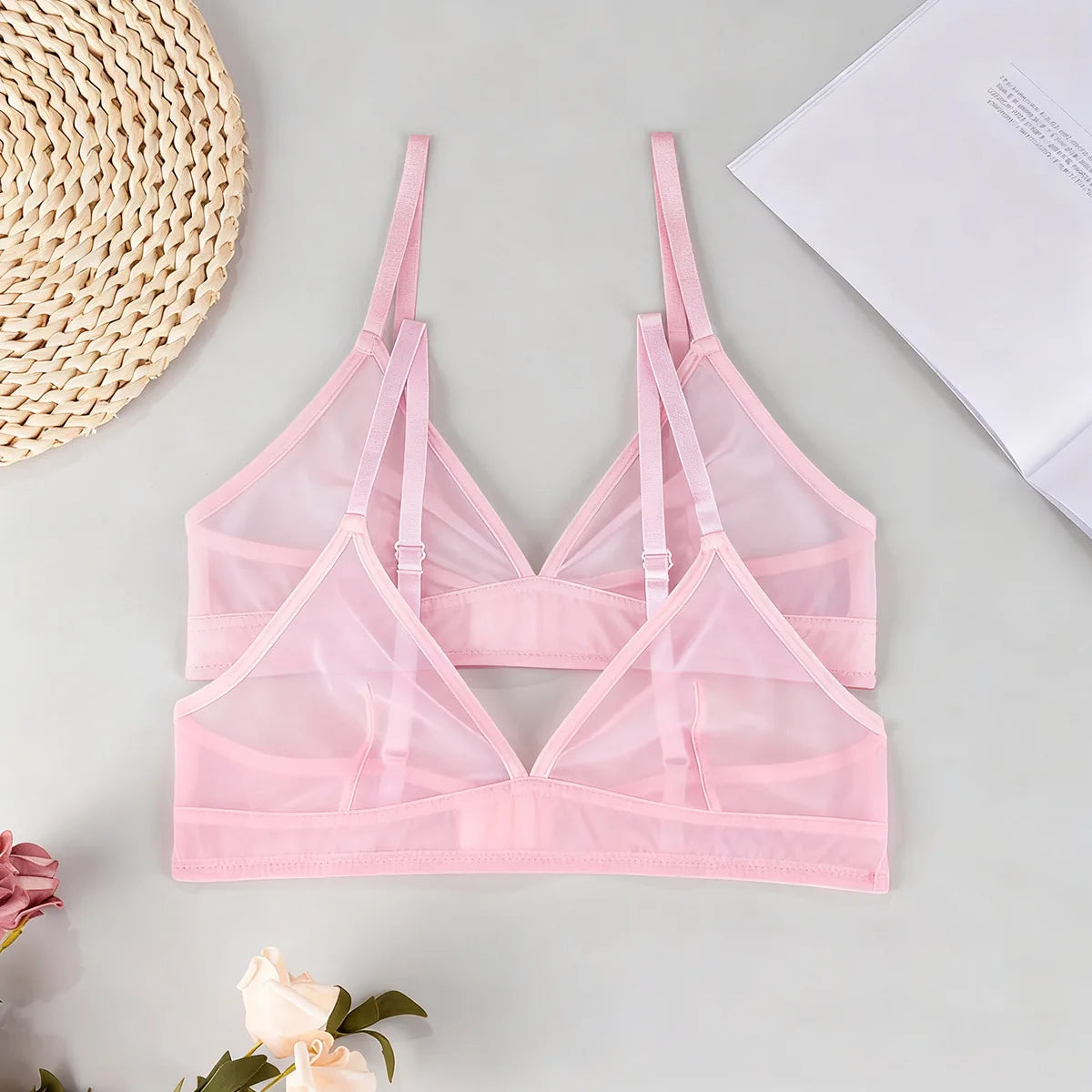 Sheer Mesh Triangle Bra Set - Ultra-Thin Transparent Lingerie with Double Shoulder Straps