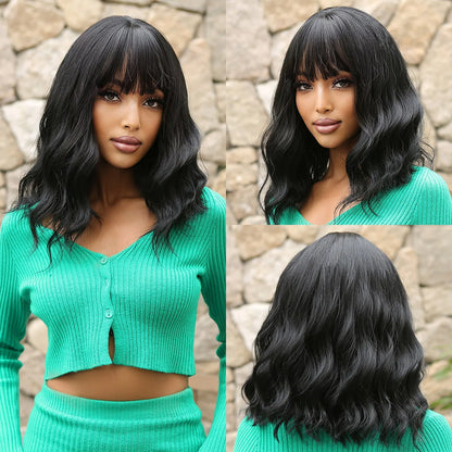 Women’s Grey Wavy Bob Wig with Bangs — Short Blonde Ombre Synthetic Hair with Dark Roots for Daily Wear