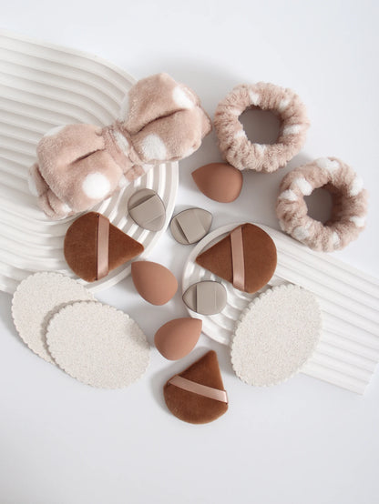 15Pcs Multi-Colored Fluffy Headband & Makeup Sponge Set - Sweet Style Beauty Essentials