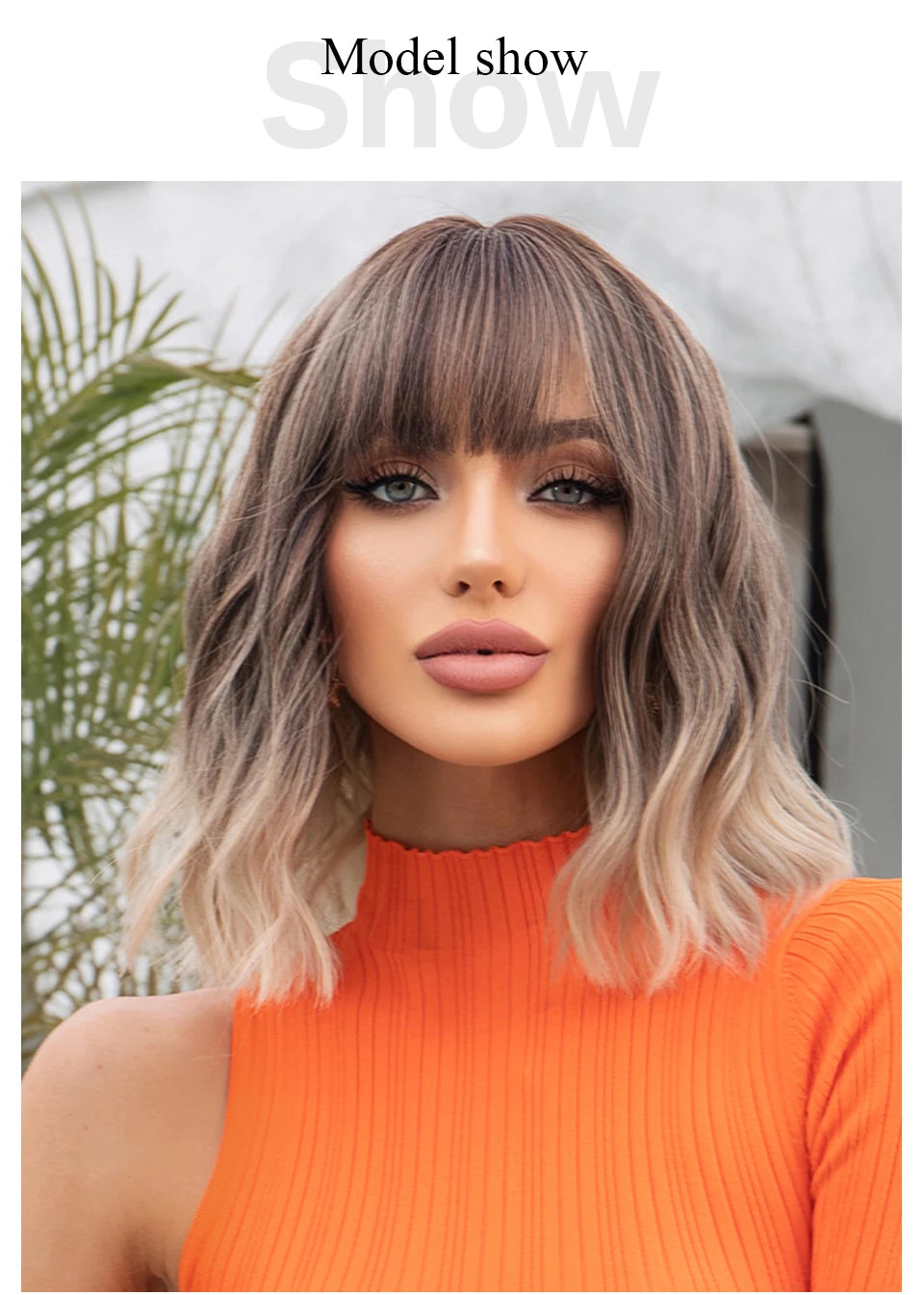 Women’s Grey Wavy Bob Wig with Bangs — Short Blonde Ombre Synthetic Hair with Dark Roots for Daily Wear